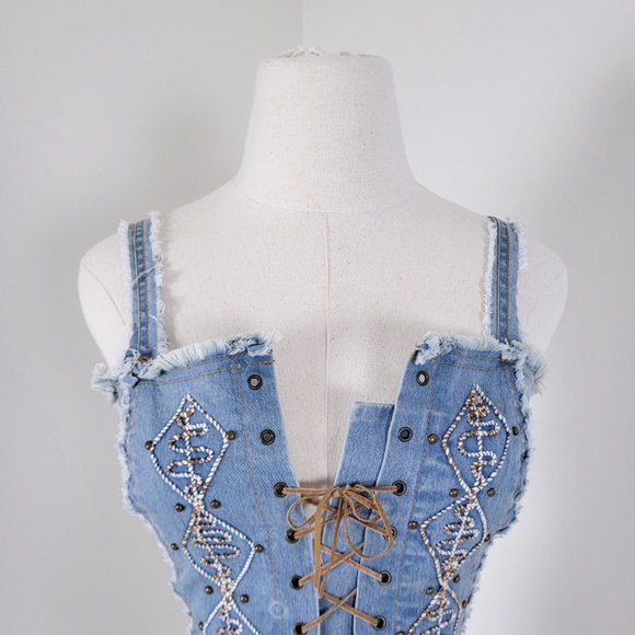 Vintage denim lace-up cropped camisole tank top denim embroidered embroidery - Picture 9 of 13